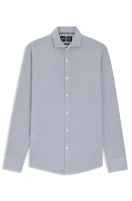 Printed slim-fit shirt in Italian-made performance-stretch jersey, Dark Blue