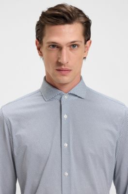 Printed slim-fit shirt in Italian-made performance-stretch jersey, Dark Blue