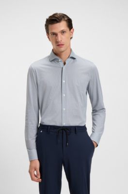 Camisa slim fit en punto t&eacute;cnico el&aacute;stico estampado hecho en Italia, Azul oscuro