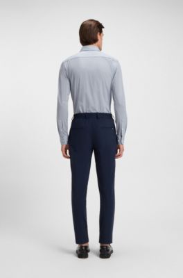 Camisa slim fit en punto t&eacute;cnico el&aacute;stico estampado hecho en Italia, Azul oscuro