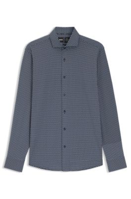 Camisa slim fit en punto t&eacute;cnico el&aacute;stico estampado hecho en Italia, Azul oscuro