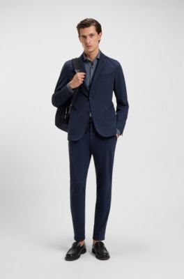 Camisa slim fit en punto t&eacute;cnico el&aacute;stico estampado hecho en Italia, Azul oscuro