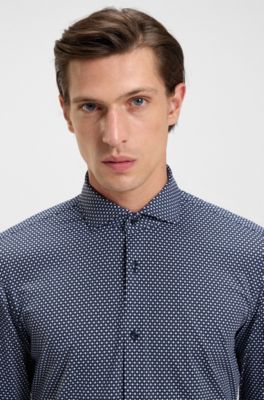 Camisa slim fit en punto t&eacute;cnico el&aacute;stico estampado hecho en Italia, Azul oscuro