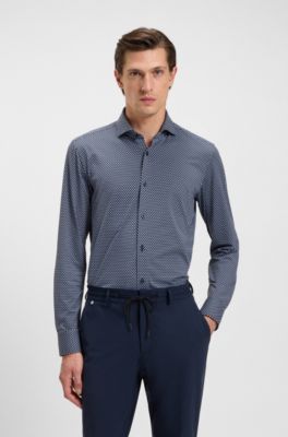 Camisa slim fit en punto t&eacute;cnico el&aacute;stico estampado hecho en Italia, Azul oscuro