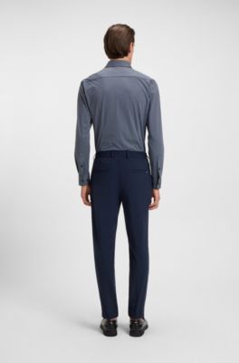 Camisa slim fit en punto t&eacute;cnico el&aacute;stico estampado hecho en Italia, Azul oscuro