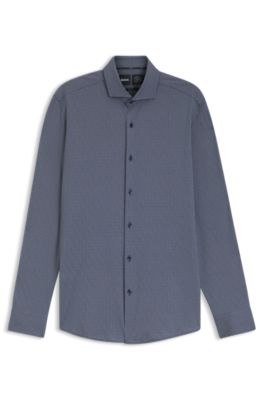 Camisa slim fit en punto t&eacute;cnico el&aacute;stico estampado hecho en Italia, Azul oscuro