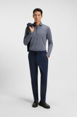 Camisa slim fit en punto t&eacute;cnico el&aacute;stico estampado hecho en Italia, Azul oscuro