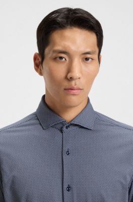 Printed slim-fit shirt in Italian-made performance-stretch jersey, Dark Blue