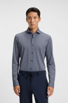 Camisa slim fit en punto t&eacute;cnico el&aacute;stico estampado hecho en Italia, Azul oscuro