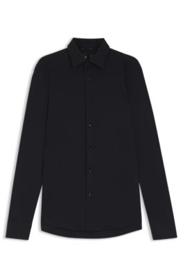 Camisa slim fit de franela el&aacute;stica cepillada, Negro