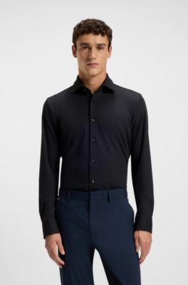 Camisa slim fit de franela el&aacute;stica cepillada, Negro
