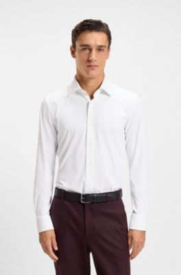Camisa slim fit de franela el&aacute;stica cepillada, Blanco