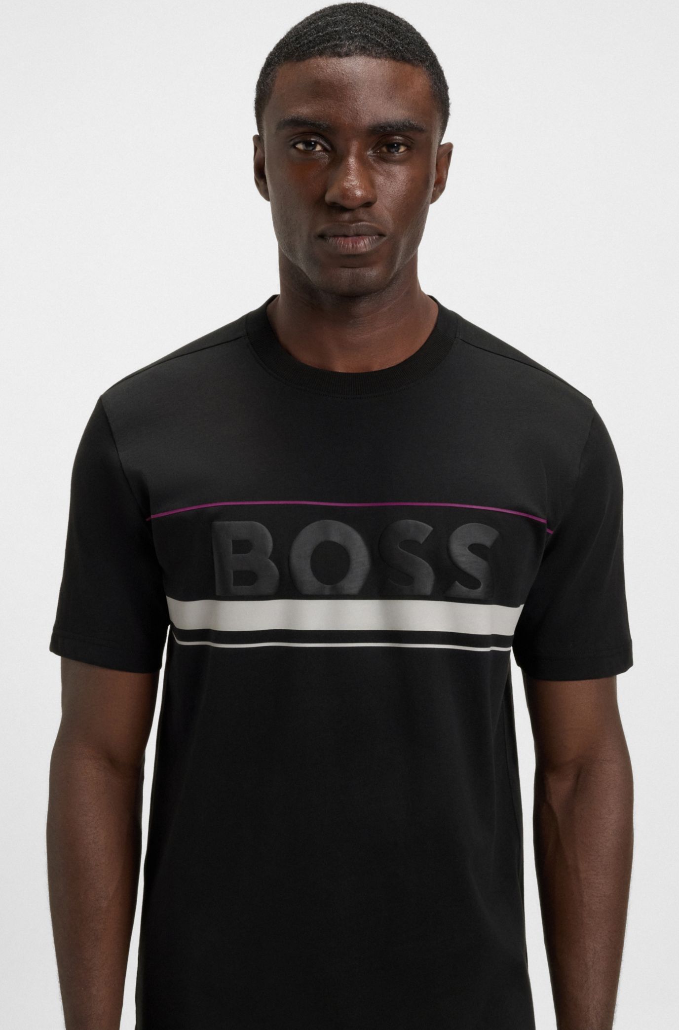 BOSS - Cotton-jersey T-shirt with stripes and logo - Black