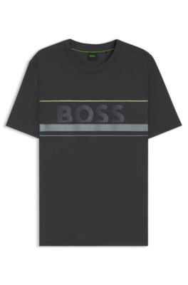 Camiseta en punto de algod&oacute;n con rayas y logo, Gris oscuro