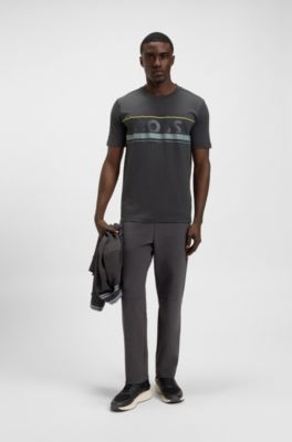 Camiseta en punto de algod&oacute;n con rayas y logo, Gris oscuro