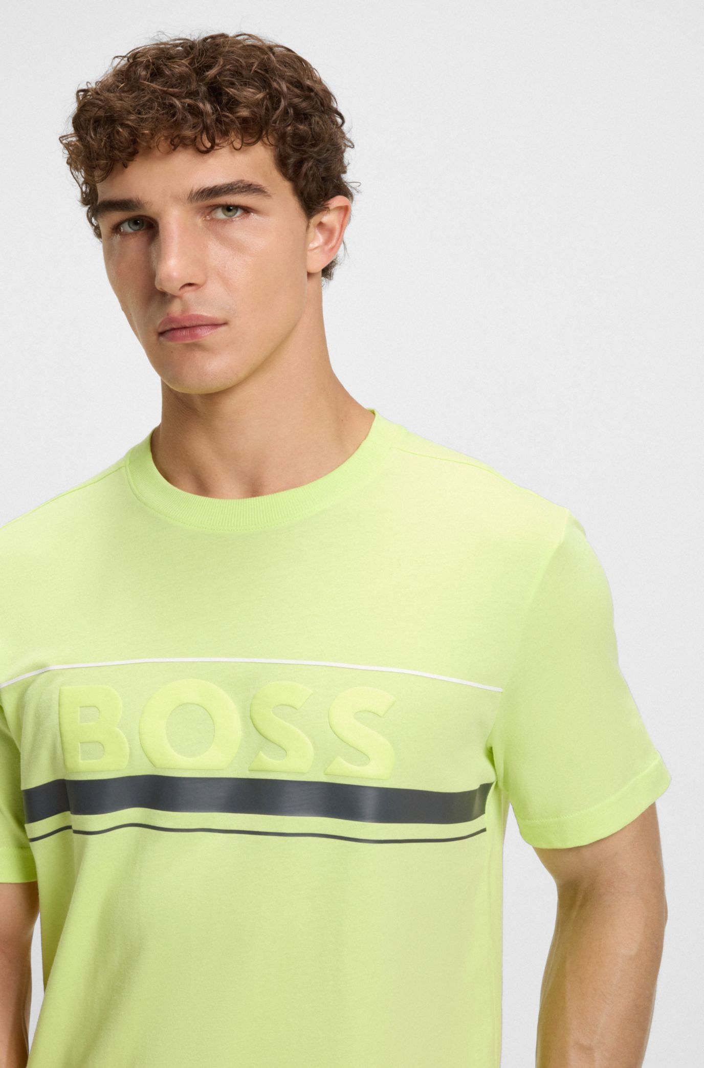 BOSS - Cotton-jersey T-shirt with stripes and logo - Light Green