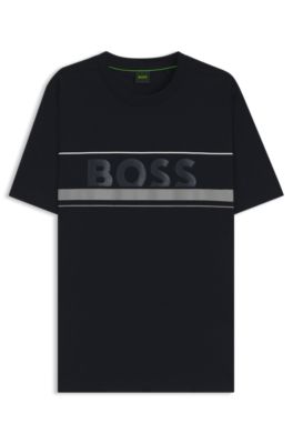 Camiseta en punto de algod&oacute;n con rayas y logo, Azul oscuro