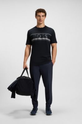 Camiseta en punto de algod&oacute;n con rayas y logo, Azul oscuro