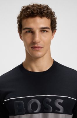 Camiseta en punto de algod&oacute;n con rayas y logo, Azul oscuro