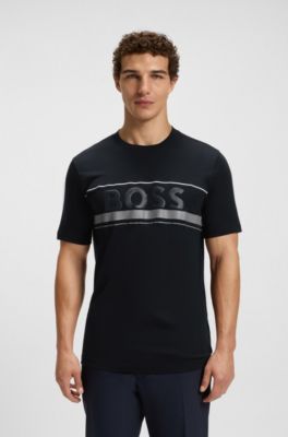 Camiseta en punto de algod&oacute;n con rayas y logo, Azul oscuro