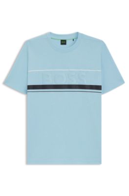 Camiseta en punto de algod&oacute;n con rayas y logo, Celeste