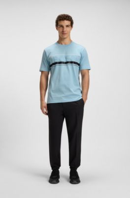 Camiseta en punto de algod&oacute;n con rayas y logo, Celeste