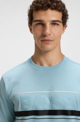 Camiseta en punto de algod&oacute;n con rayas y logo, Celeste