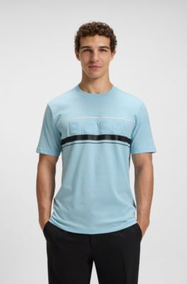 Camiseta en punto de algod&oacute;n con rayas y logo, Celeste