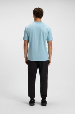 Camiseta en punto de algod&oacute;n con rayas y logo, Celeste