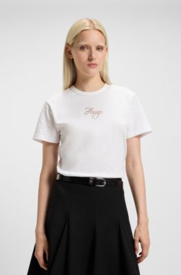 Camiseta de punto de algod&oacute;n con detalle de estampado brillante, Blanco