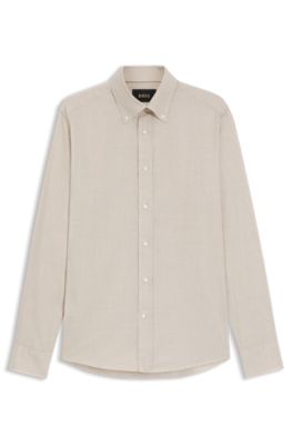 Camisa slim fit con botones en franela de algod&oacute;n a cuadros, Beige claro