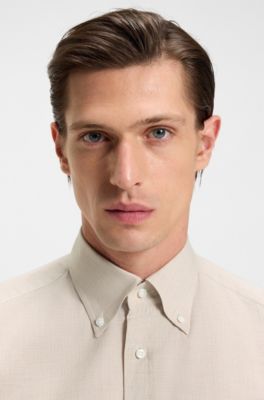 Camisa slim fit con botones en franela de algod&oacute;n a cuadros, Beige claro