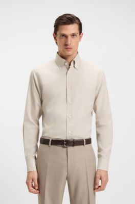 Camisa slim fit con botones en franela de algod&oacute;n a cuadros, Beige claro