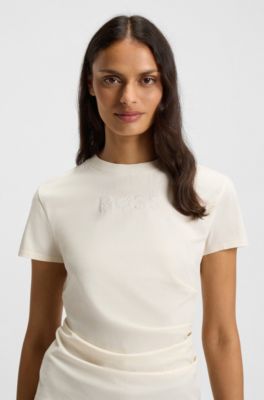 Camiseta slim fit de algod&oacute;n mercerizado con detalle de logotipo, Blanco