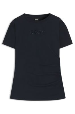 Camiseta slim fit de algod&oacute;n mercerizado con detalle de logotipo, Azul oscuro