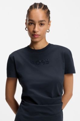 Tonal-artwork slim-fit T-shirt in mercerised cotton, Dark Blue