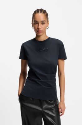 Camiseta slim fit de algod&oacute;n mercerizado con detalle de logotipo, Azul oscuro