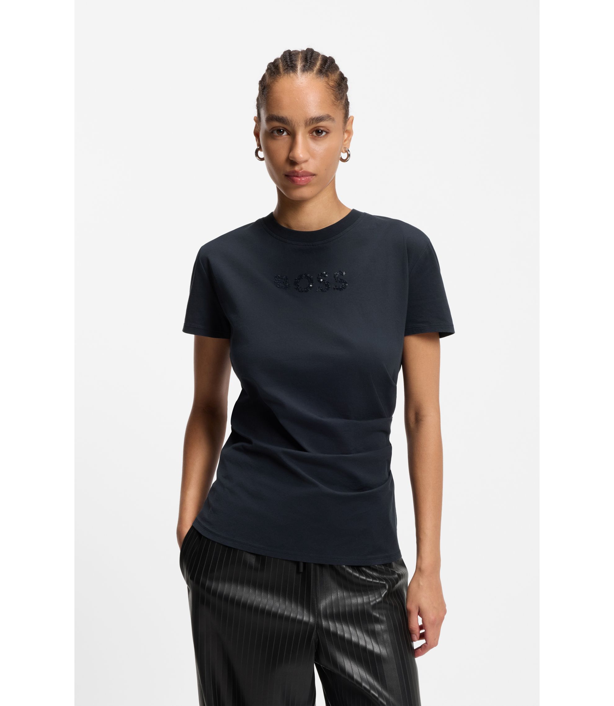 14thaddiction カットソー　t-shirt BOSS - Tonal-artwork slim-fit T-shirt in mercerised cotton - Dark Blue