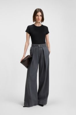 Lustrous-piping T-shirt in cotton crepe, Black