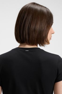 Lustrous-piping T-shirt in cotton crepe, Black