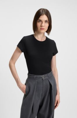 Lustrous-piping T-shirt in cotton crepe, Black