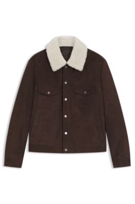 BECKHAM x BOSS leather jacket with fur collar, Light Brown