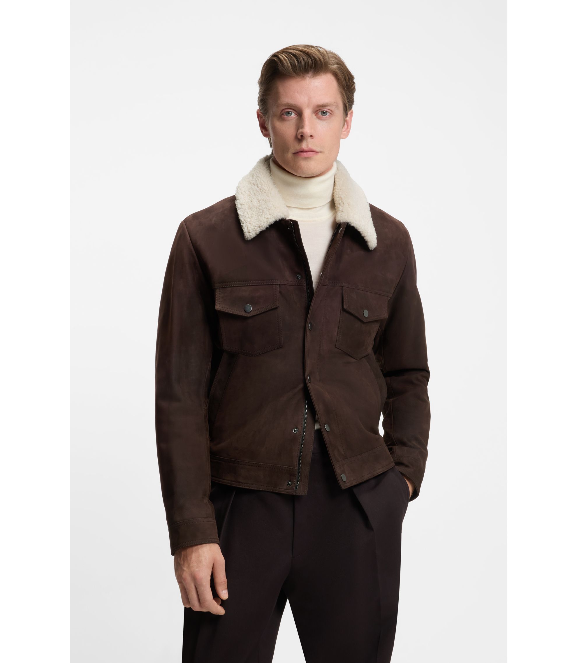 BOSS - BECKHAM x BOSS leather jacket with fur collar - Light Brown