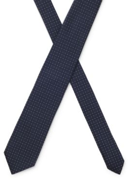 Cravate en soie m&eacute;lang&eacute;e &agrave; motif pois en jacquard tiss&eacute;, Bleu fonc&eacute;