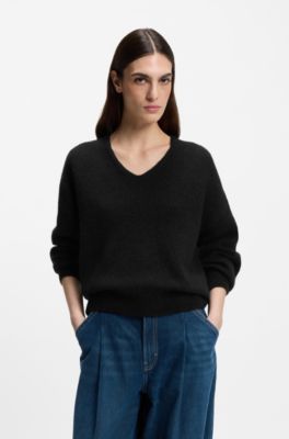 Jersey de cuello en pico en hilo italiano, Negro