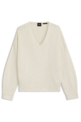 V-neck sweater in Italian yarn, White
