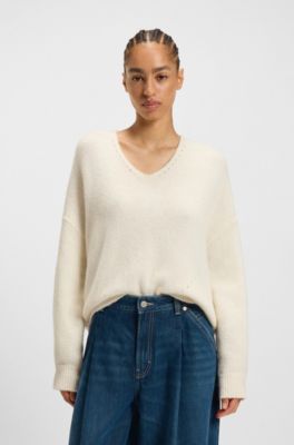 Pull en fil italien &agrave; col V, Blanc