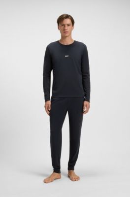 Pantalones de pijama de algod&oacute;n el&aacute;stico con ribetes de cinta, Azul oscuro