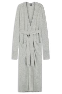 C&aacute;rdigan largo de cashmere jaspeado con cintur&oacute;n, Gris claro