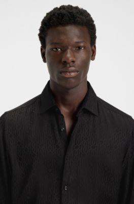 Slim-fit shirt with jacquard pattern, Black